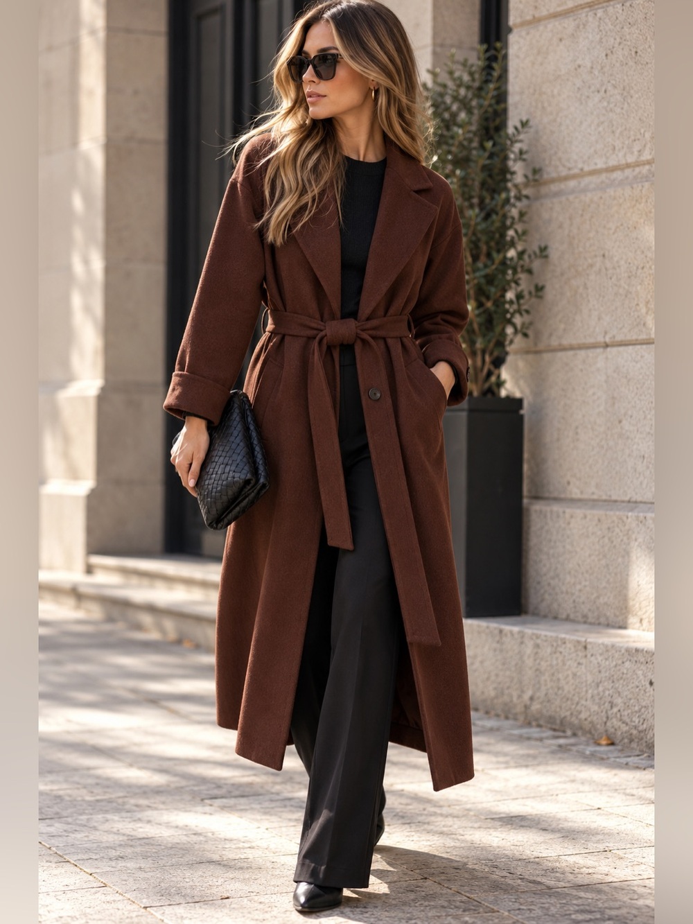 Dynamite Oversized Belted Long Coat – Warm Chocolate Brown – Size Medium